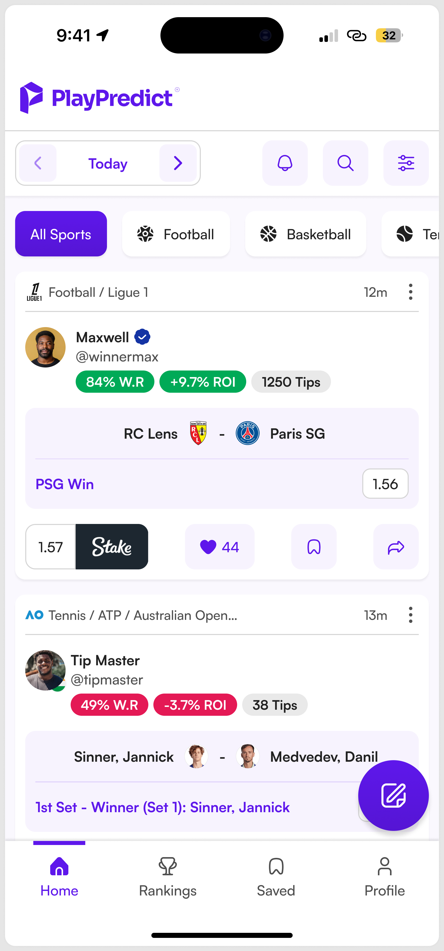 PlayPredict home feed screen